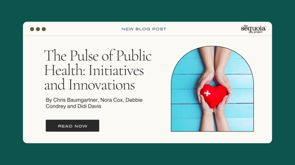 A blog post preview titled "The Pulse of Public Health: Initiatives and Innovations" with an image of hands holding a red heart on a blue wooden background.