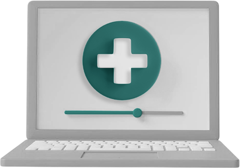laptop image with green medical circle and video player element.